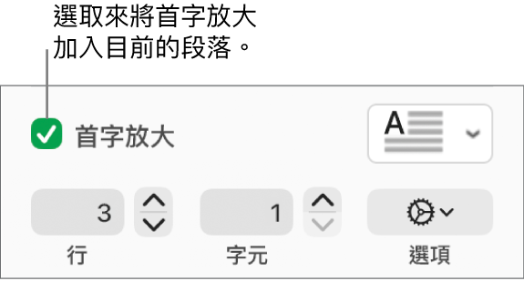 已選取「首字放大」註記框,其右方顯示彈出式選單;其下方顯示設定行高、字元數和其他選項的控制項目。