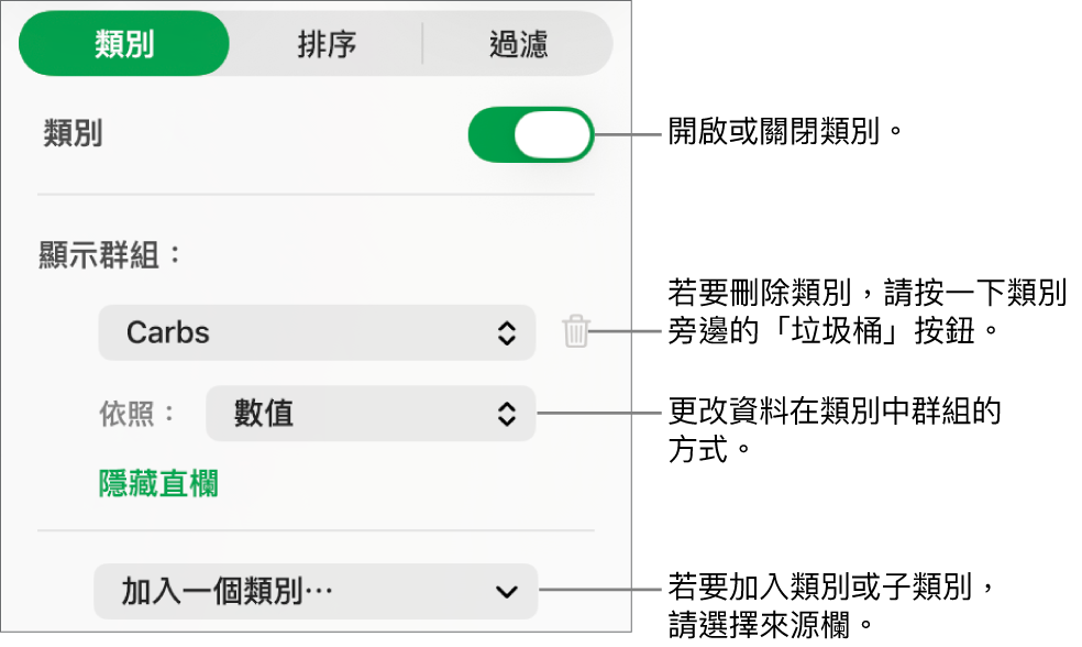 類別側邊欄包含以下選項:關閉類別、刪除類別、重新分類資料、隱藏來源欄和加入類別。