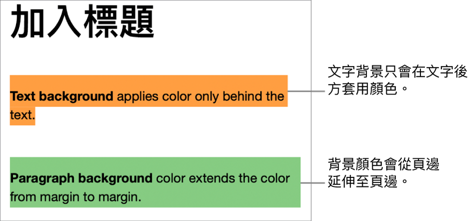 文字後方帶有顏色的一個段落,以及後方帶有顏色的第二個段落,在區塊中從頁邊延伸到頁邊。