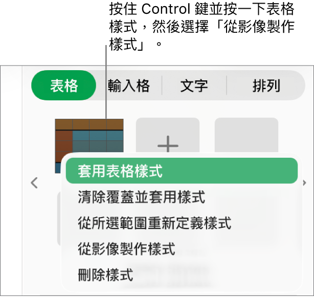 表格樣式的快速鍵選單。