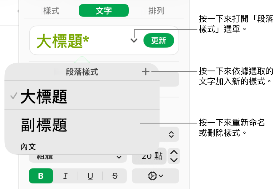 「段落樣式」選單，顯示用於加入或更改樣式的控制項目。