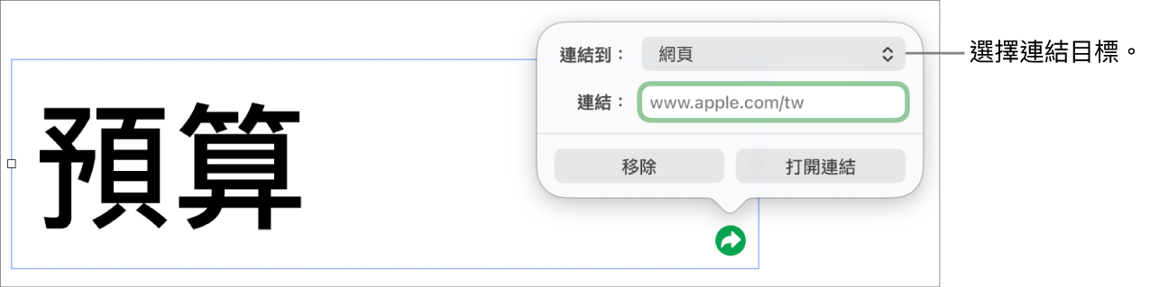 連結編輯器控制項目顯示已選取「網頁」,而「移除」和「打開連結」按鈕位於底部。