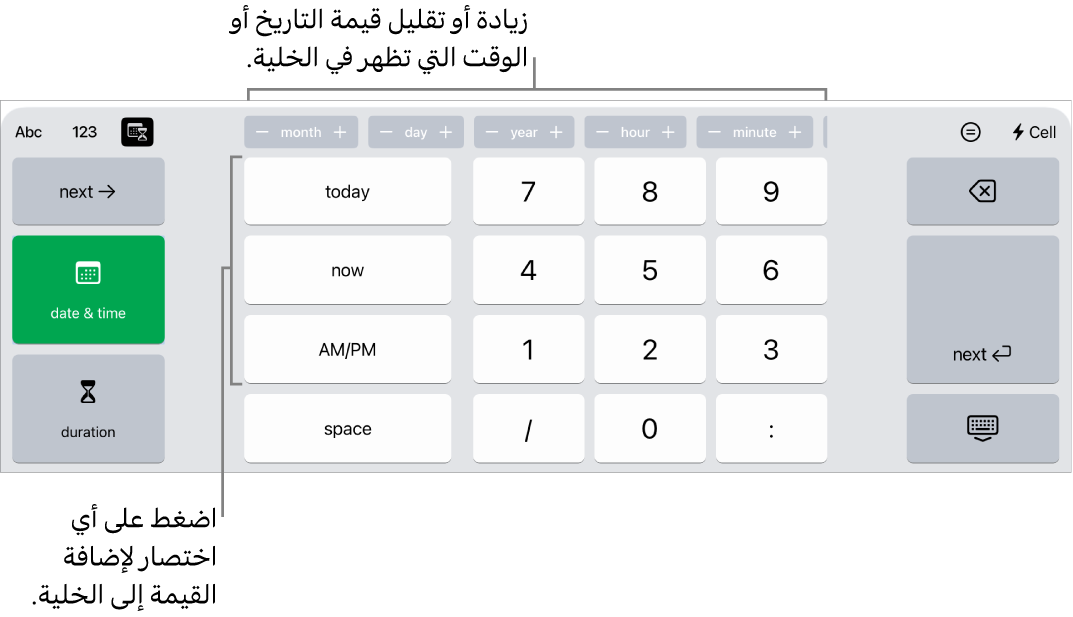 لوحة مفاتيح التاريخ والوقت. تعرض الأزرار في الجزء العلوي وحدات الوقت (الشهر واليوم والسنة والساعة) التي يمكنك زيادتها لتغيير القيمة المعروضة في الخلية. توجد أزرار على اليمين للتبديل بين لوحات مفاتيح التاريخ والوقت والمدة، ومفاتيح الأرقام في منتصف لوحة المفاتيح.