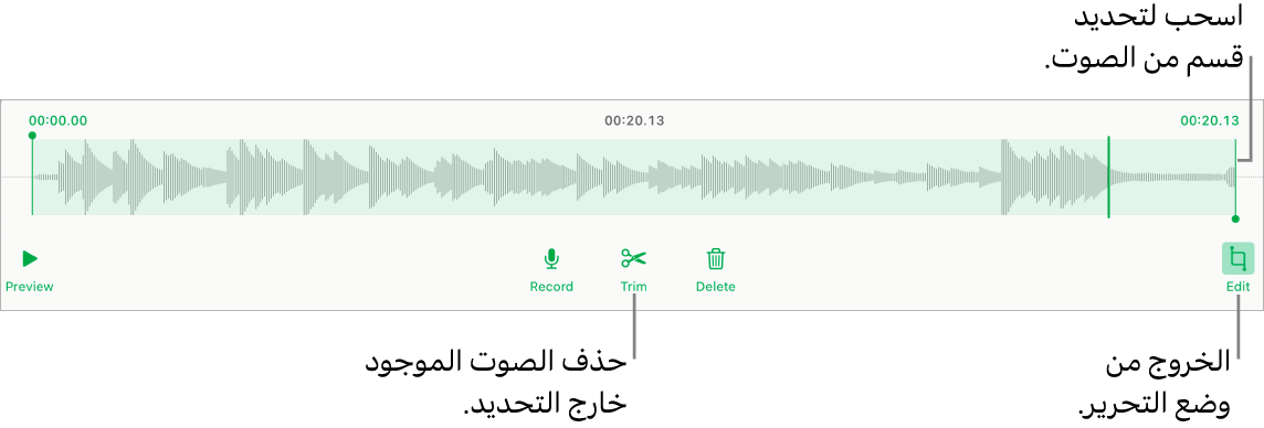 أدوات التحكم لتعديل الملف الصوتي المسجَّل. يوضح المؤشران القسم المحدد من التسجيل، وتوجد بالأسفل أزرار معاينة وتسجيل وقص وحذف ووضع التعديل.