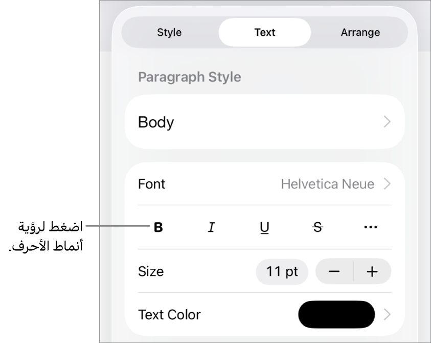 عناصر التحكم في التنسيق وتظهر أنماط الفقرات في الجزء العلوي، ثم عناصر التحكم في الخط. أسفل الخط توجد أزرار غامق ومائل وتسطير ويتوسطه خط والمزيد من خيارات النص.