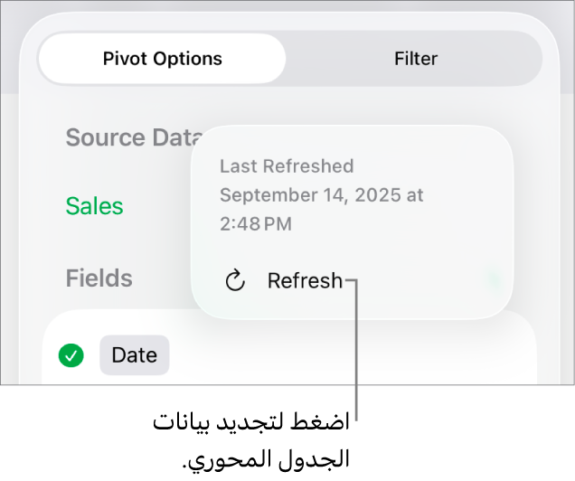 قائمة خيارات المحور تعرض خيار تحديث الجدول المحوري.