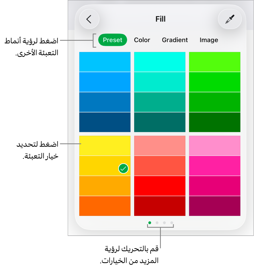 خيارات تعبئة في علامة تبويب النمط الخاص بزر التنسيق.
