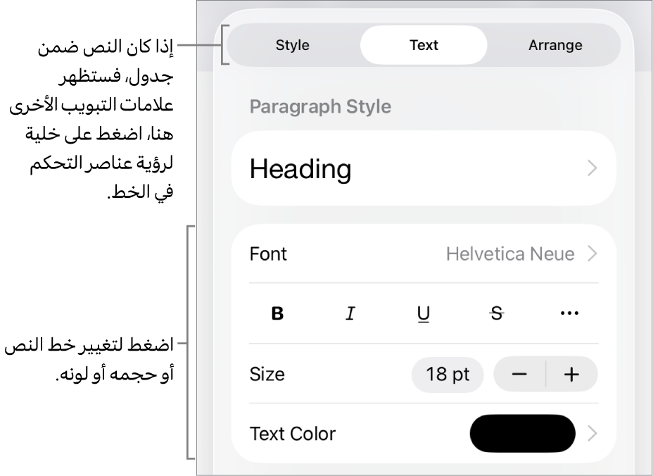 عناصر التحكم في النص في قائمة التنسيق لإعداد أنماط الأحرف والفقرات، والخط، والحجم، واللون.