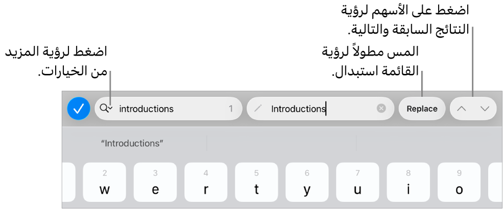 عناصر تحكم البحث والاستبدال أعلى لوحة المفاتيح مع وسائل شرح لأزرار خيارات البحث والاستبدال والانتقال لأعلى والانتقال لأسفل.