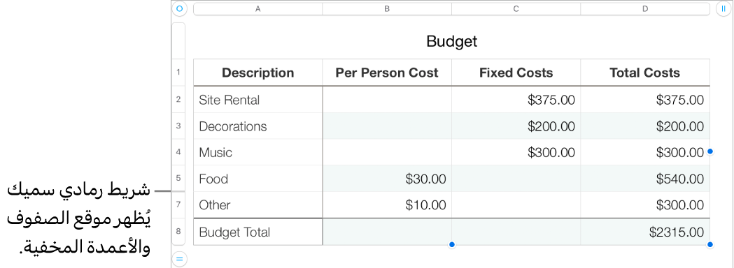 شريط رمادي سميك يُظهر موقع الصفوف والأعمدة المخفية