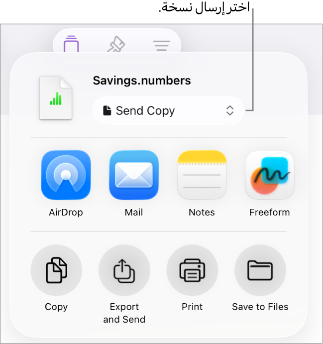 القائمة مشاركة حيث يظهر بها الخيار إرسال نسخة محددًا في الجزء العلوي.