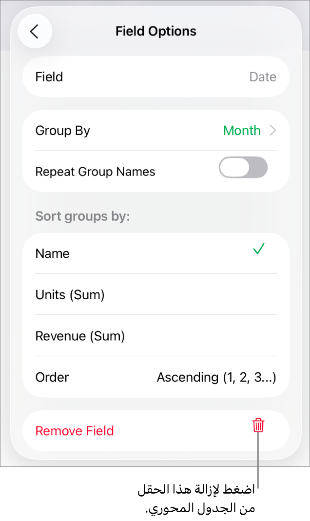 قائمة خيارات الحقل تعرض عناصر التحكم لتجميع البيانات وفرزها، وكذلك خيار إزالة حقل.