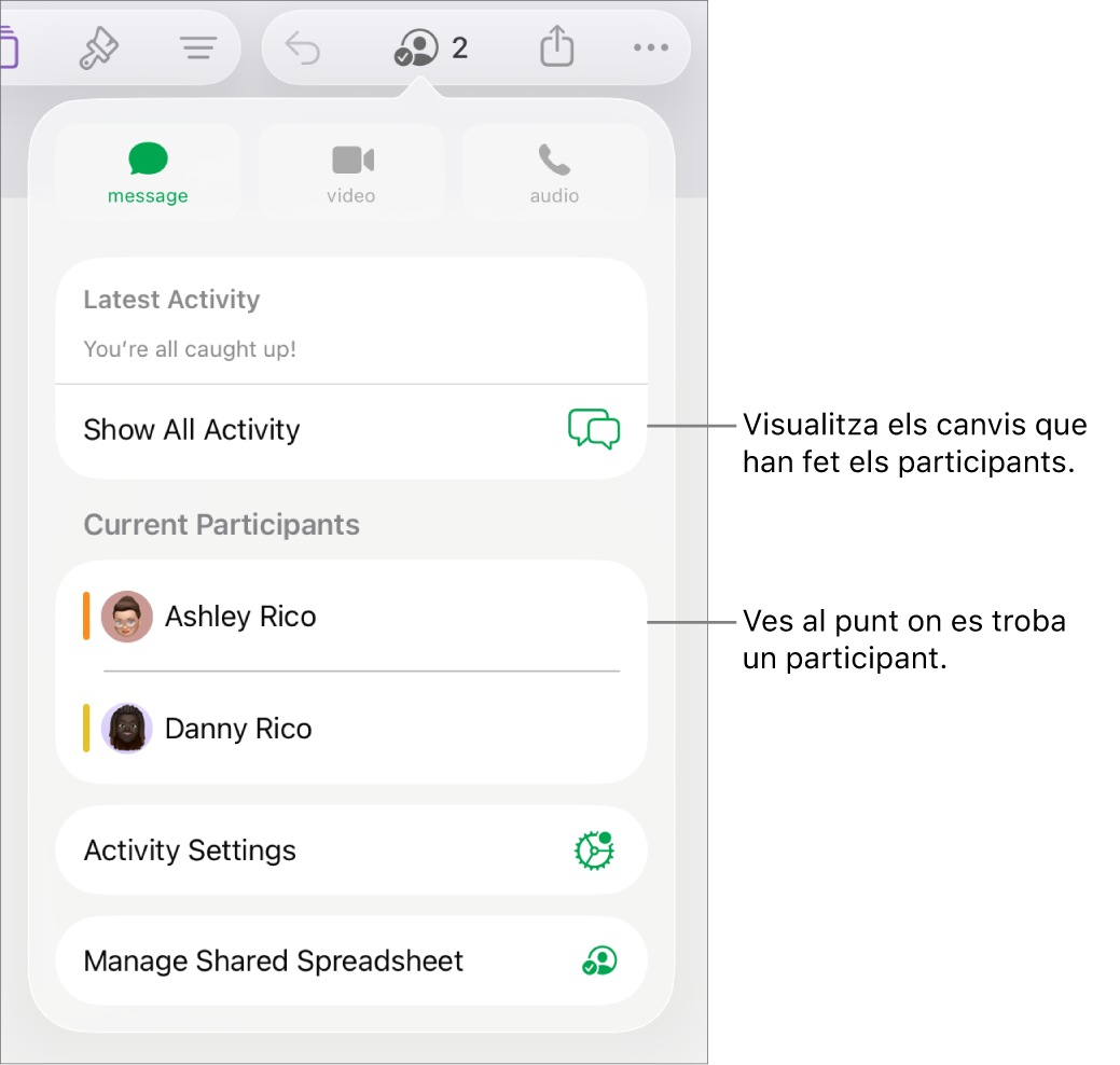 Menú de col·laboració amb una llista dels participants actuals.