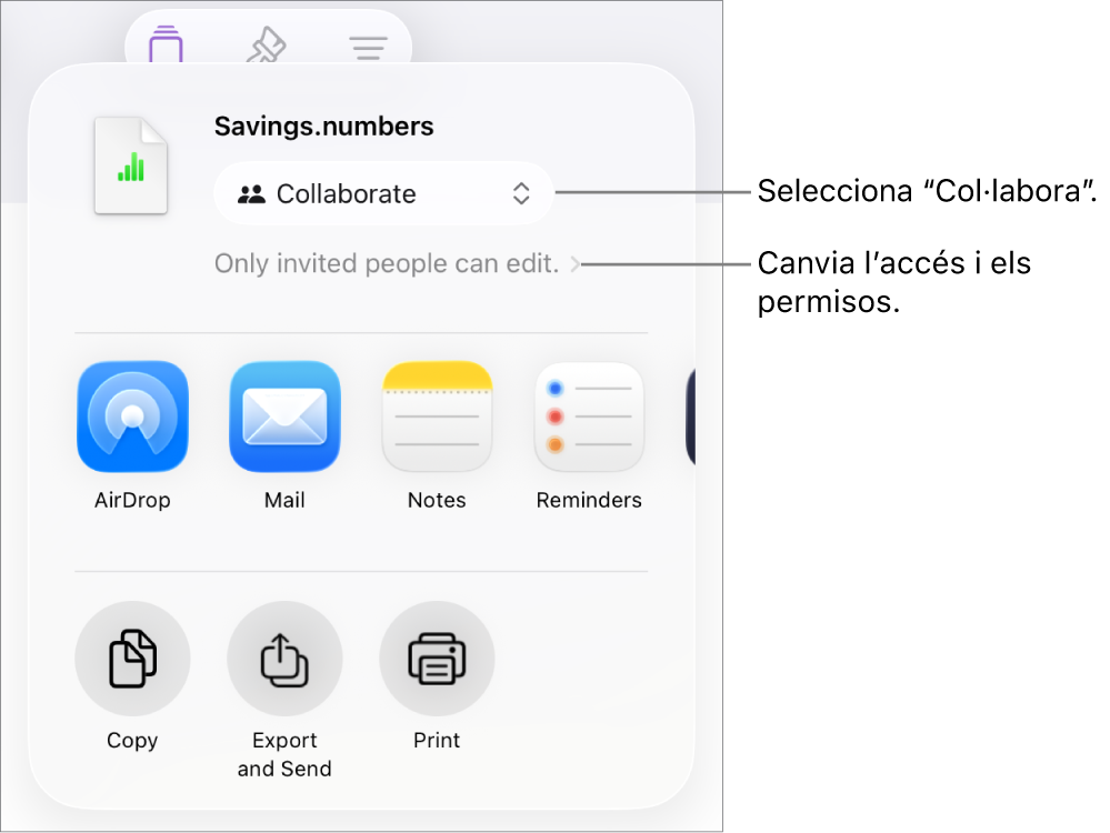 Menú “Comparteix” amb l’opció “Col·labora” seleccionada a la part superior i la configuració dels permisos a sota.