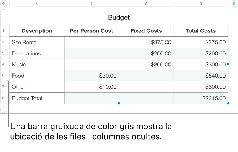 Una barra gruixuda de color gris que mostra la ubicació de les files i columnes ocultes