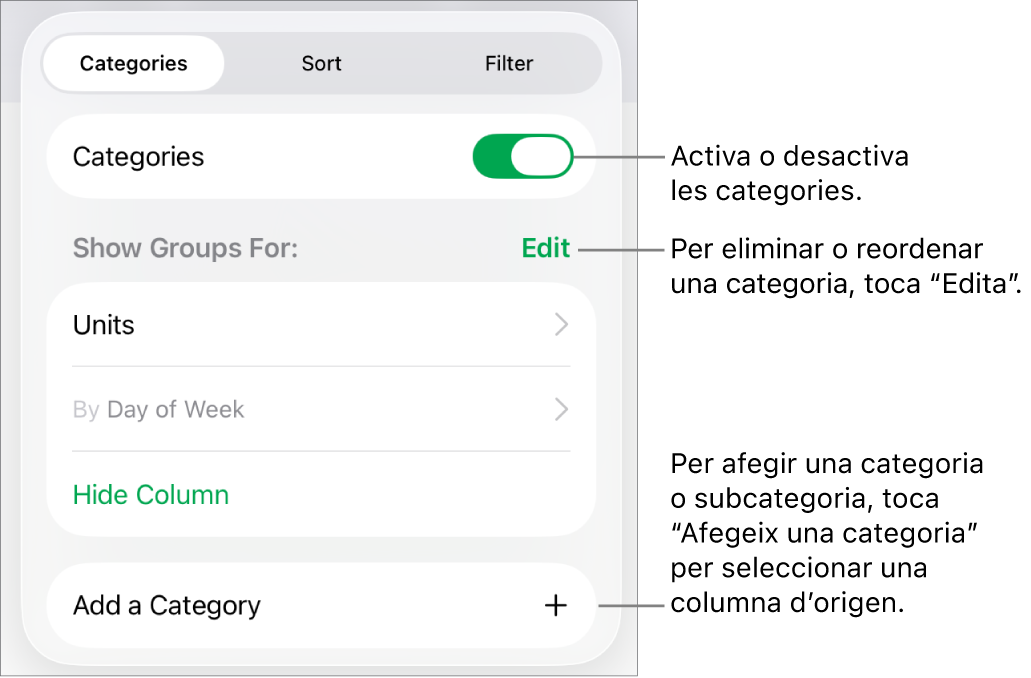 Menú Categories de l’iPad amb opcions per desactivar categories, eliminar categories, agrupar dades, ocultar la columna d’origen i afegir categories.