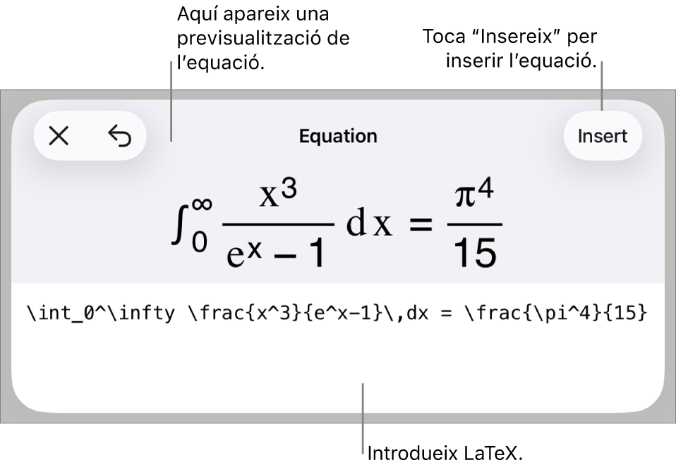El quadre de diàleg Equació amb una equació escrita amb ordres LaTeX i una previsualització de la fórmula al damunt.