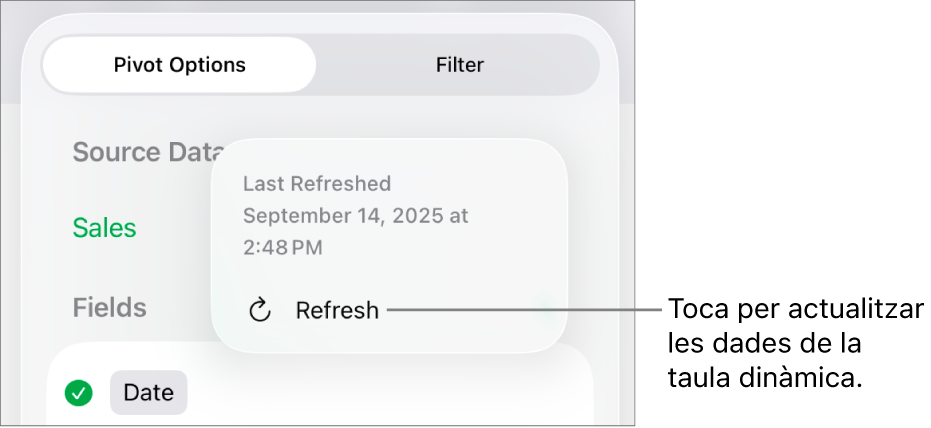 Menú “Opcions de taula dinàmica” que mostra l’opció per actualitzar la taula dinàmica.