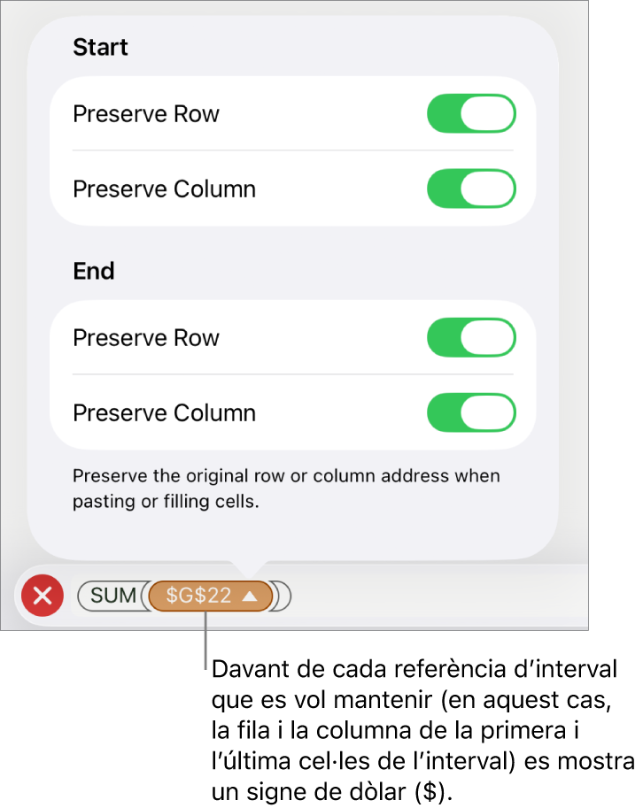 Els controls per indicar quines referències de fila i de columna d’una cel·la es conservaran si es trasllada o es copia la cel·la. Es mostra el símbol del dòlar abans de cada part de la referència d’interval que vols conservar.