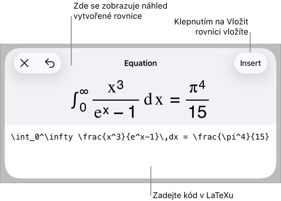 Dialogové okno Rovnice, v němž se zobrazuje zápis rovnice pomocí příkazů LaTeXu a nad ním náhled výsledného vzorce