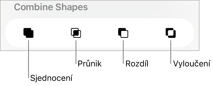 Tlačítka Sjednocení, Průnik, Rozdíl a Vyloučit pod volbou Spojení tvarů