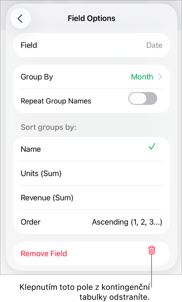 Nabídka „Volby pole“ zobrazující ovládací prvky pro seskupení a řazení dat a také volbu pro odstranění polí.