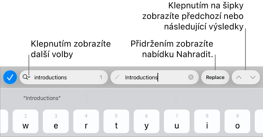 Ovládací prvky hledání a nahrazování nad klávesnicí s popisky u tlačítek Volby hledání, Nahradit, Nahoru a Dolů.