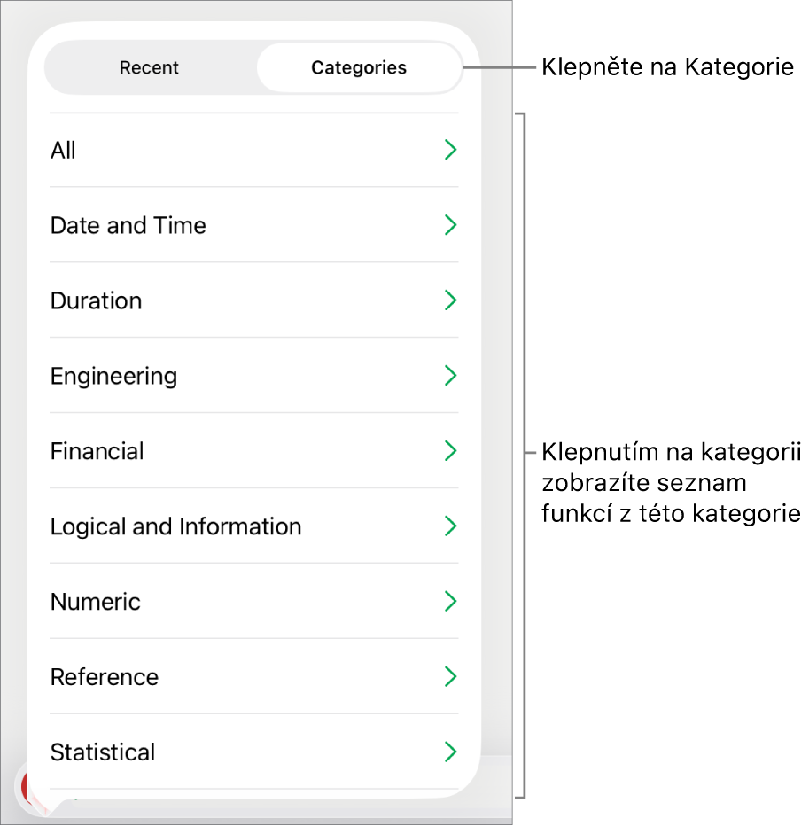 Prohlížeč funkcí s vybraným tlačítkem Kategorie a seznamem kategorií pod ním