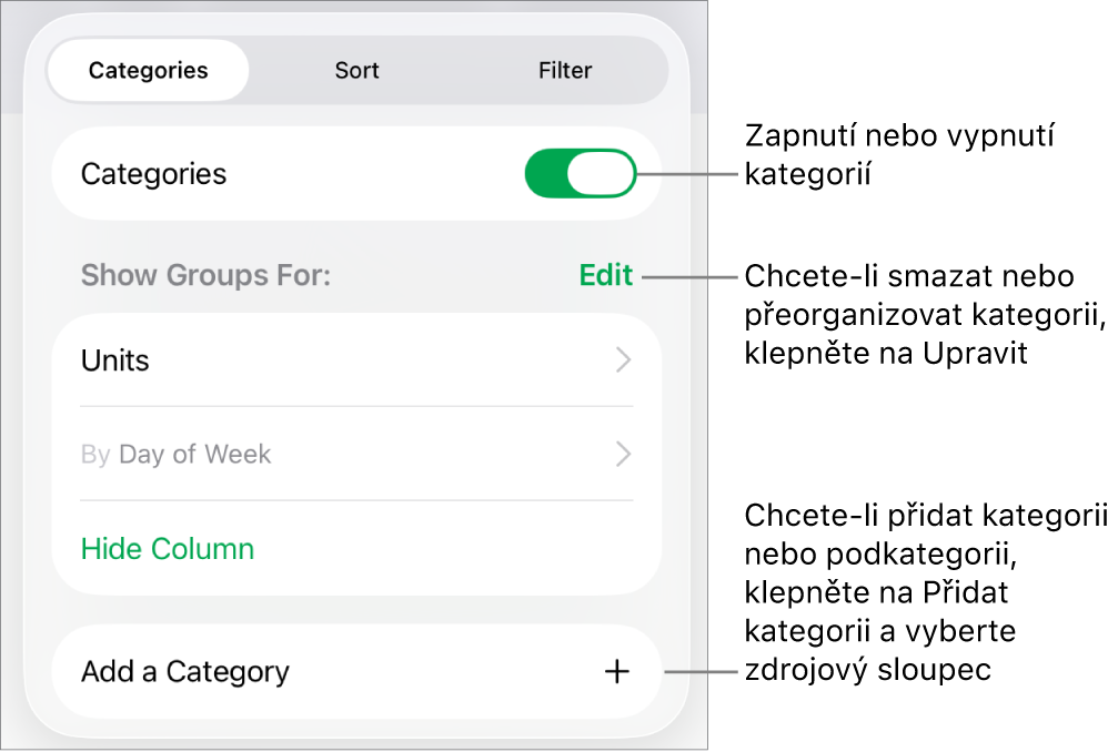 Nabídka kategorií na iPadu s volbami pro vypnutí kategorií, smazání kategorií, přeskupení dat, skrytí zdrojového sloupce a přidání kategorií.