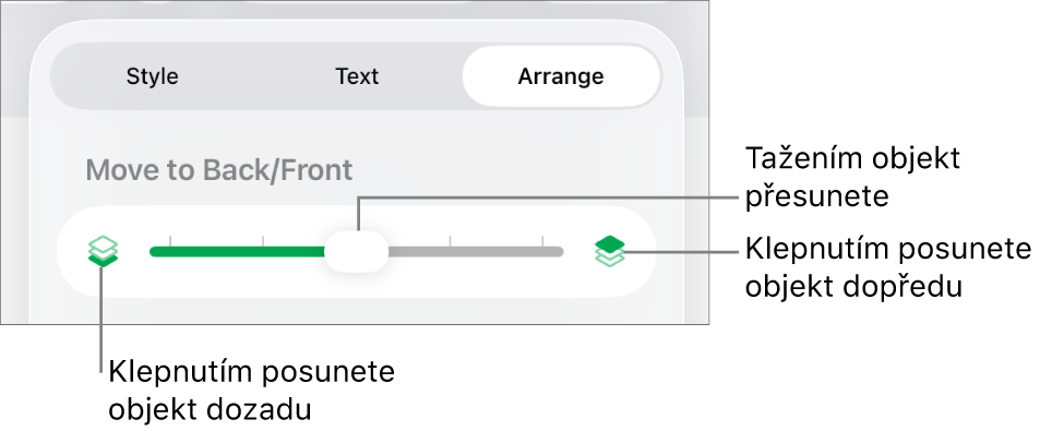 Tlačítko pro přesun vzad, tlačítko pro přesun vpřed a posuvník vrstev