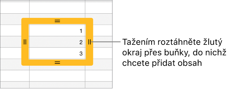 Vybraná buňka se silným žlutým ohraničením, jehož přetažením lze automaticky vyplnit okolní buňky