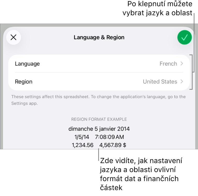 Panel Jazyk a oblast obsahující ovládací prvky pro jazyk a oblast a ukázku formátu, včetně data, času, desetinného oddělovače a měny.