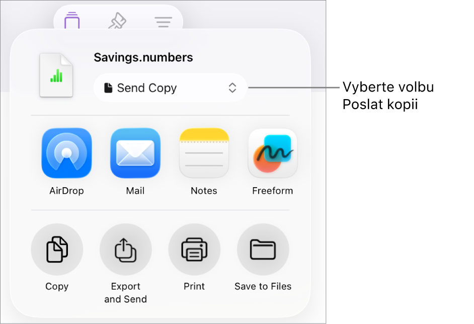 Nabídka sdílení, v níž je nahoře vybraná volba Poslat kopii