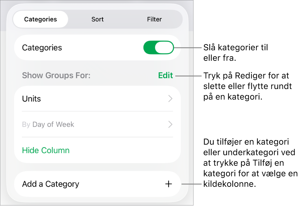 Menuen Kategorier til iPad med muligheder for at slå kategorier fra, slette kategorier, omgruppere data, skjule en kildekolonne og tilføje kategorier.