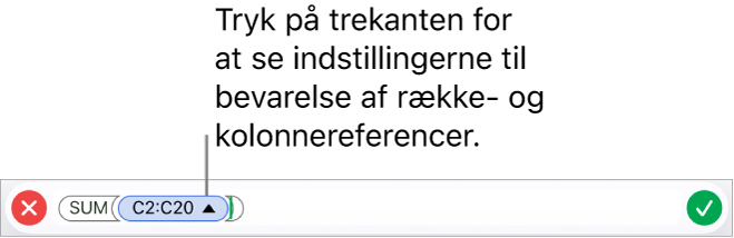 Formelværktøjet, der viser, hvordan række- og kolonnereferencerne bevares, når cellen kopieres eller flyttes.