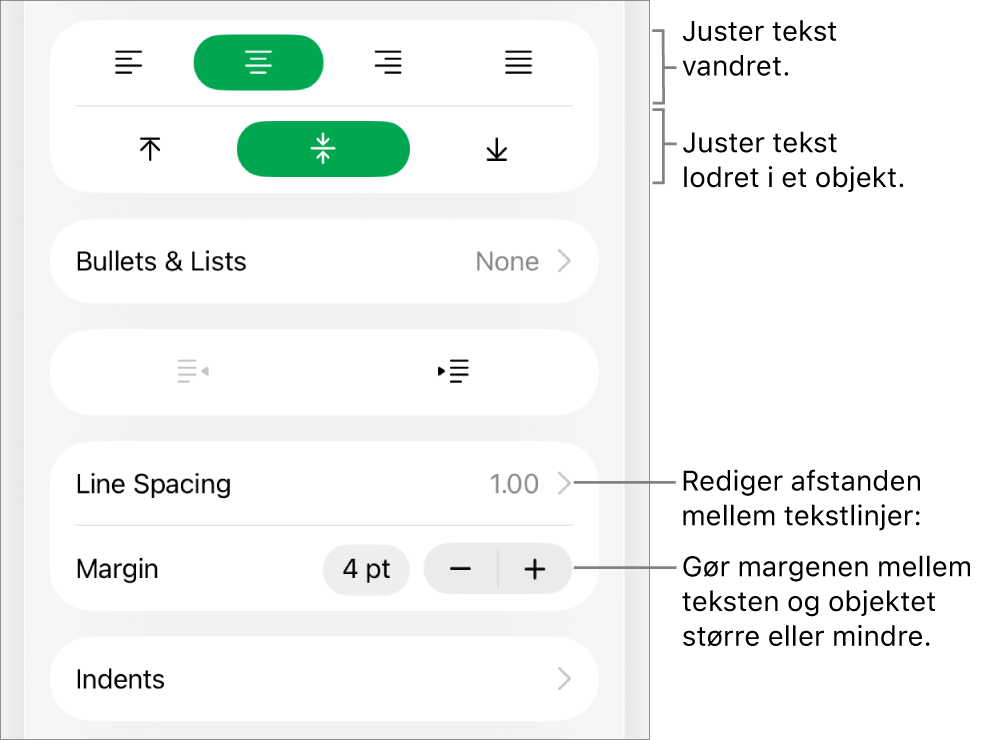 Layout i Info om format med billedforklaringer til knapperne til justering af tekst og afstand.