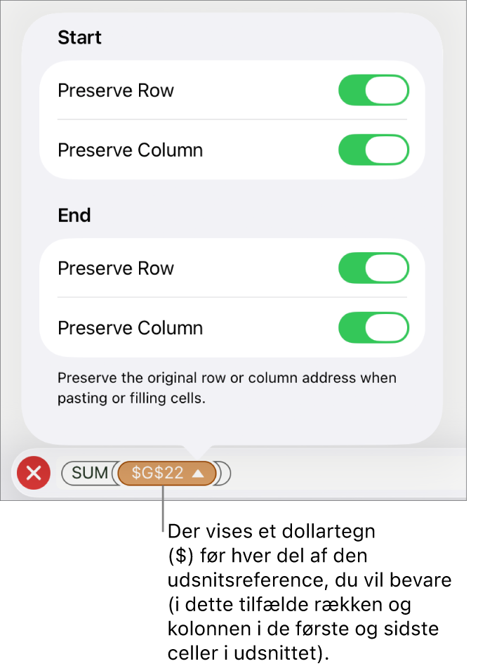 Betjeningsmulighederne til angivelse af, hvilke af en celles række- og kolonnereferencer der skal bevares, hvis cellen flyttes eller kopieres. Der vises et dollartegn før hver del af udsnitsreferencen, du vil bevare.