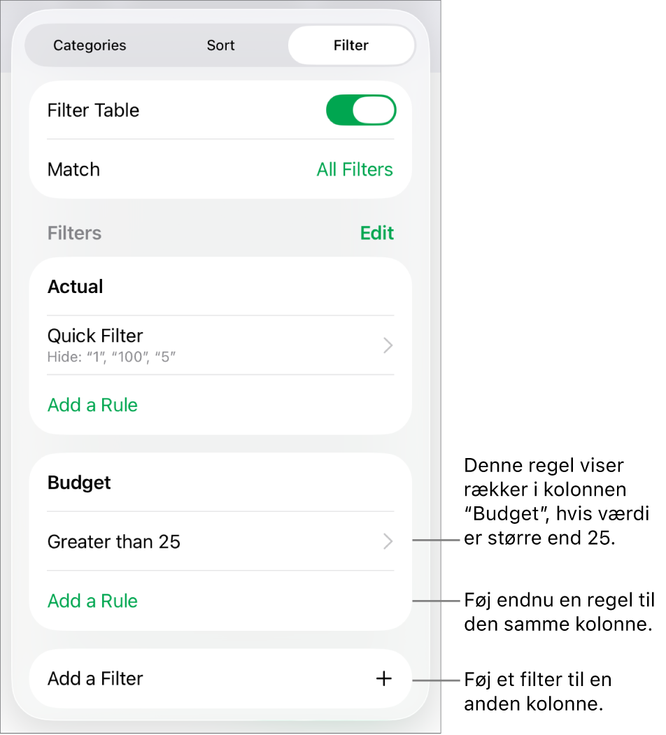 Betjeningsmuligheder til tilføjelse af nye filtreringsregler eller redigering af eksisterende.