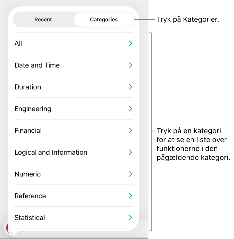 Funktionsbrowseren med knappen Kategorier valgt og listen med kategorier nedenunder.