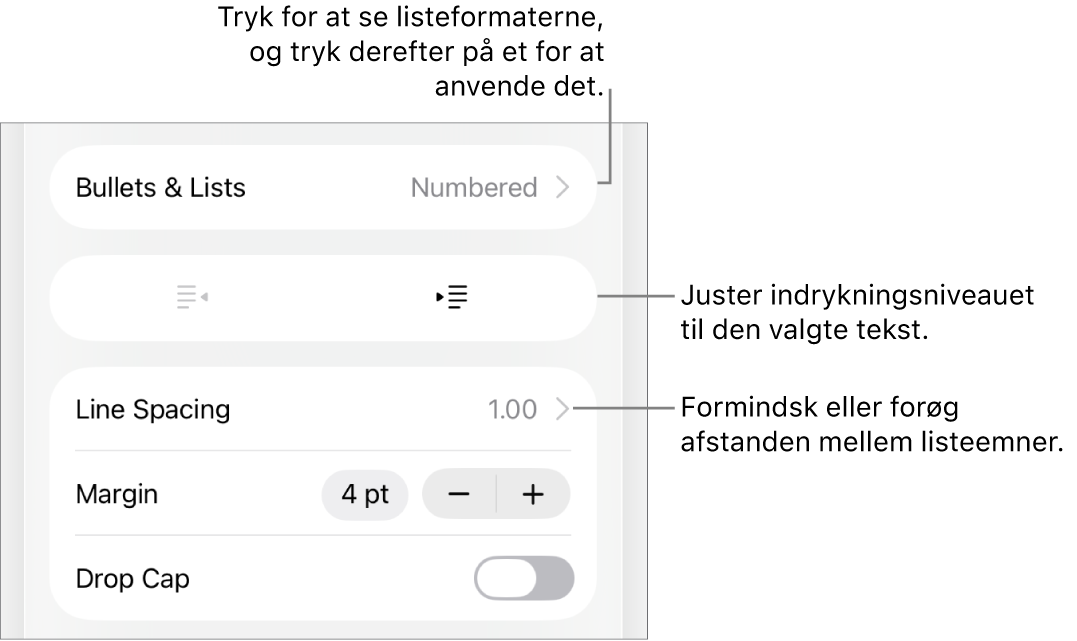 Området Punkter & lister under betjeningsmulighederne til format med billedforklaringer til Punkter & lister, knapperne Ryk ind og Ryk ud og betjeningsmulighederne til linjeafstand.