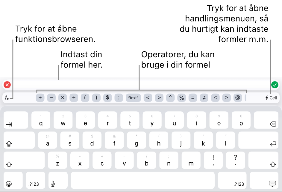 Formeltastaturet med formelværktøjet øverst og derunder de operatorer, der bruges i formler. Knappen Funktioner til åbning af funktionsbrowseren ses til venstre for operatorerne, og handlingsknappen ses til højre.