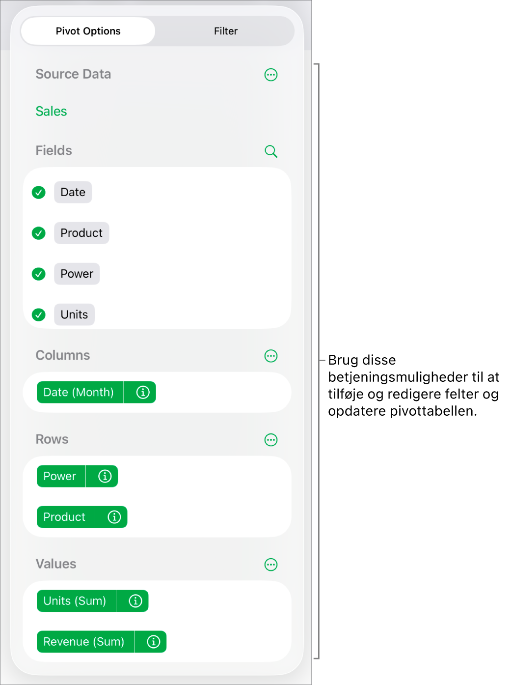 Menuen Pivotindstillinger, der viser felter i sektionerne Kolonner, Rækker og Værdier samt betjeningsmuligheder til at redigere felterne.
