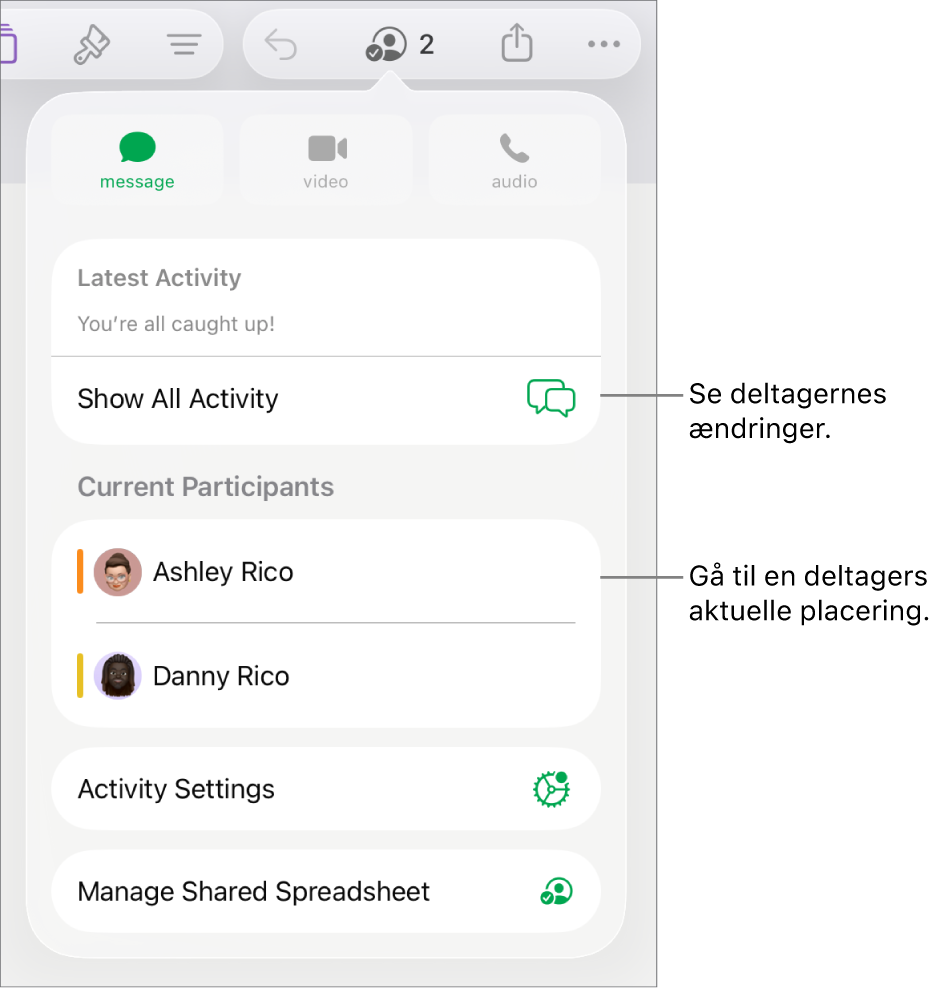 Samarbejdsmenuen, hvor aktuelle deltagere er angivet.