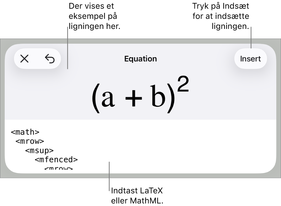 Dialogen Ligning, der viser den kvadratiske formel skrevet ved hjælp af MathML-kommandoer og derover et eksempel på formlen.