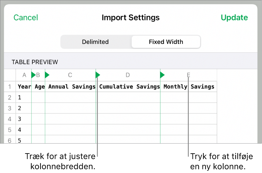 Importindstillingerne til et tekstarkiv med fast bredde.