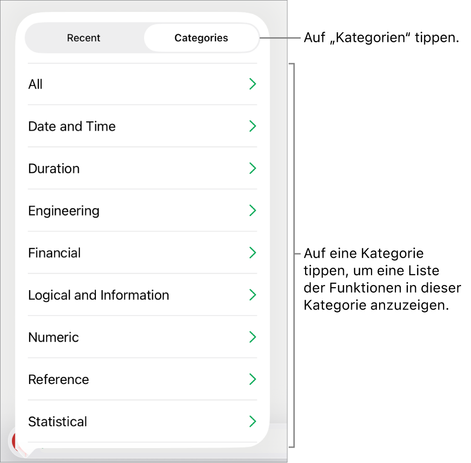 Die Funktionsübersicht mit ausgewählter Taste „Kategorien“, darunter befindet sich die Liste der Kategorien.