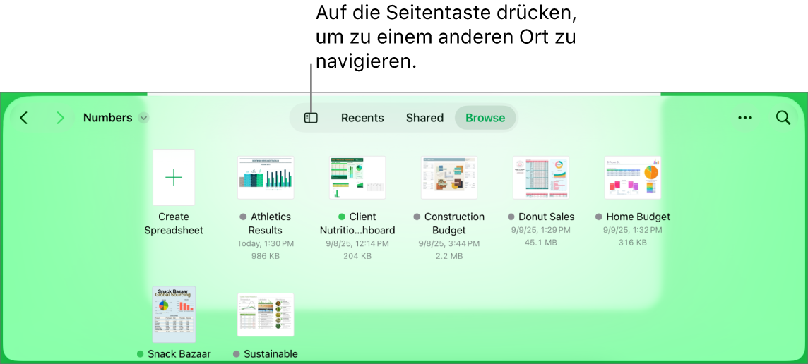 Die Darstellung zum Durchsuchen des Dokumentenmanagers mit einem Link zu einem Ort oben links und dem Suchfeld darunter. In der oberen rechten Ecke befindet sich die Taste „Tabelle hinzufügen“, die Taste „Neuer Ordner“, ein Einblendmenü zum Verwenden der Listendarstellung oder Symboldarstellung, zum Filtern nach Name, Datum, Größe, Art und Tag sowie die Taste „Auswählen“. Darunter befinden sich Miniaturen bereits vorhandener Tabellenkalkulationen.