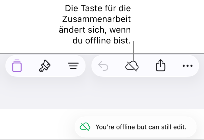 Die Tasten oben auf dem Bildschirm, darunter die Taste „Zusammenarbeit“, die als mit einer diagonalen Linie durchgestrichenen Wolke dargestellt wird. Ein Hinweis auf dem Bildschirm besagt, dass du offline bist, aber weiterhin arbeiten kannst.