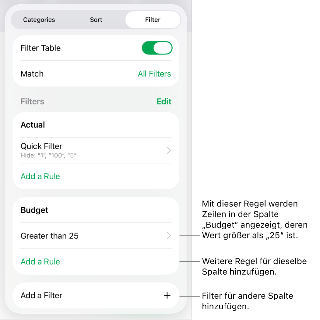 Steuerelemente zum Hinzufügen von neuen Filterregeln oder zum Bearbeiten von vorhandenen Regeln