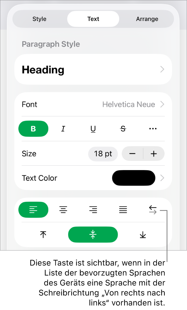 Der Abschnitt „Stil“ des Menüs „Format“ mit einer Beschreibung der Taste „Von rechts nach links“